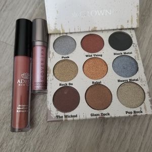 Lipstick, highlighter, eyeshadow pallete